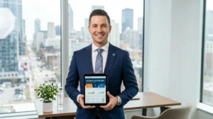Agent immobilier professionnel souriant en costume, utilisant une tablette numérique dans un bureau moderne pour devenir agent Safti.