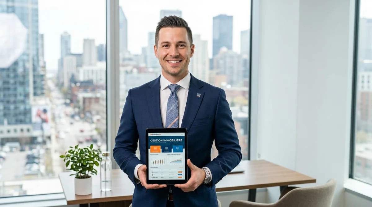Agent immobilier professionnel souriant en costume, utilisant une tablette numérique dans un bureau moderne pour devenir agent Safti.