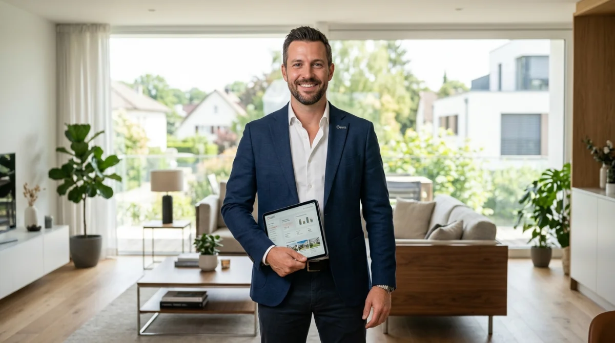 Conseiller immobilier professionnel souriant tenant une tablette dans un intérieur moderne pour devenir agent immobilier Safti.