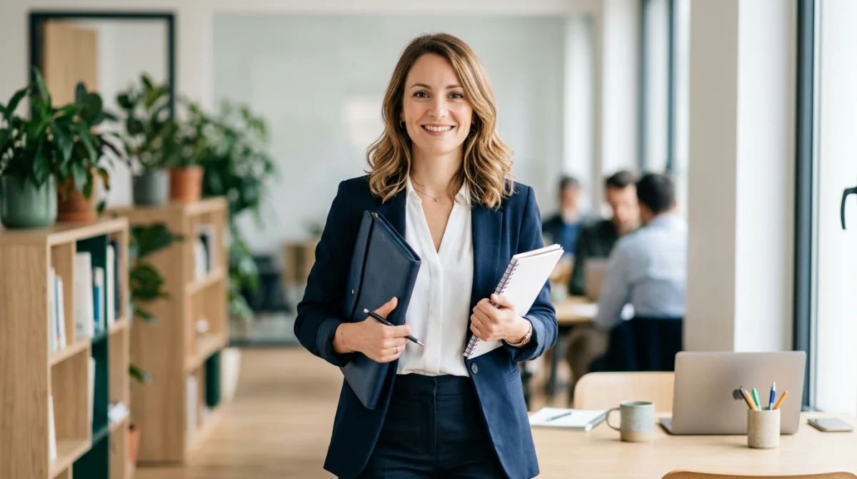 Jeune assistante sociale souriante tenant un dossier dans un bureau moderne pour illustrer comment devenir assistante sociale.