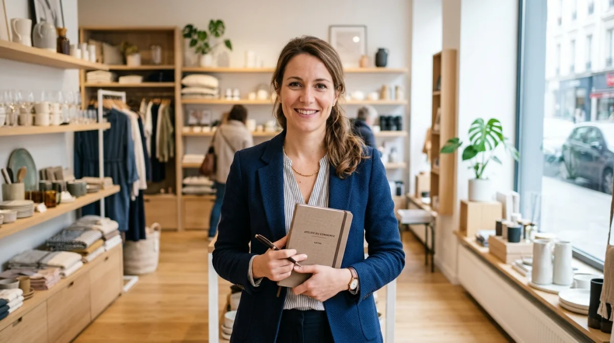 Personne professionnelle souriante avec un bloc-notes dans une boutique élégante pour devenir client mystère.