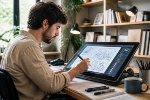 Illustrateur travaillant sur une tablette graphique pour apprendre comment devenir dessinateur de bd dans un atelier moderne.
