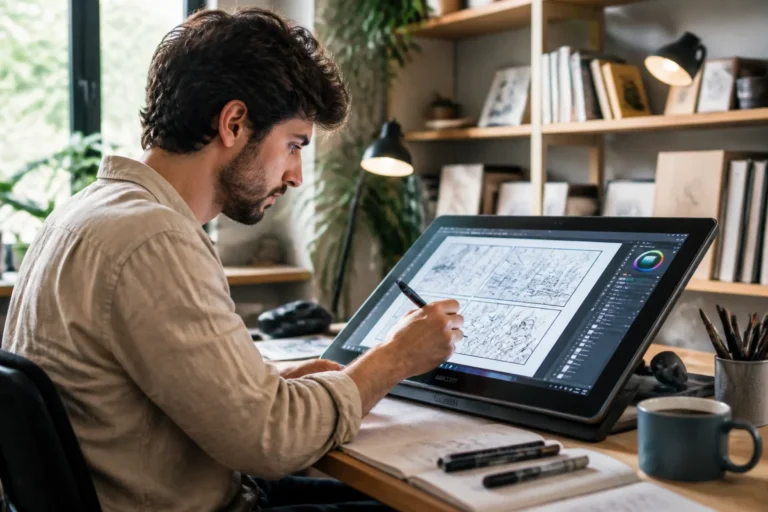 Illustrateur travaillant sur une tablette graphique pour apprendre comment devenir dessinateur de bd dans un atelier moderne.