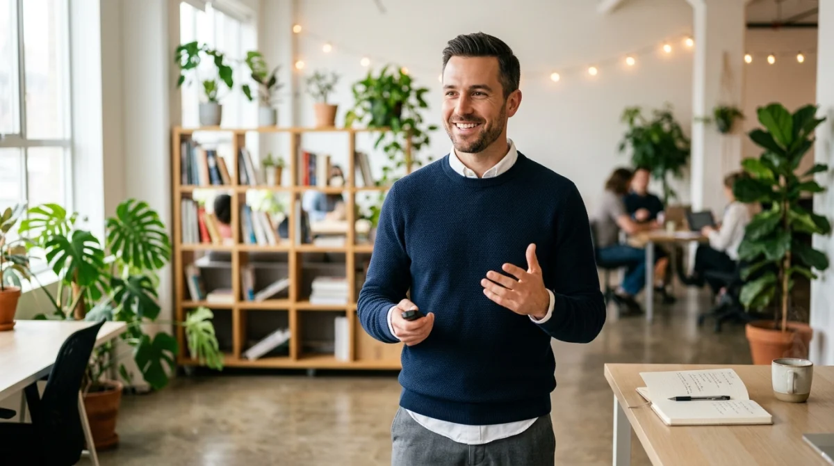 Formateur professionnel souriant s'adressant à un auditoire dans un espace de coworking lumineux pour devenir formateur pour adultes.
