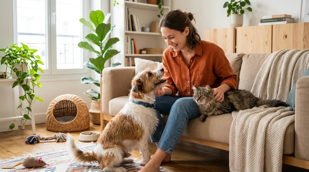 Un pet sitter souriant joue avec un chien et un chat dans un salon lumineux pour devenir pet sitter.