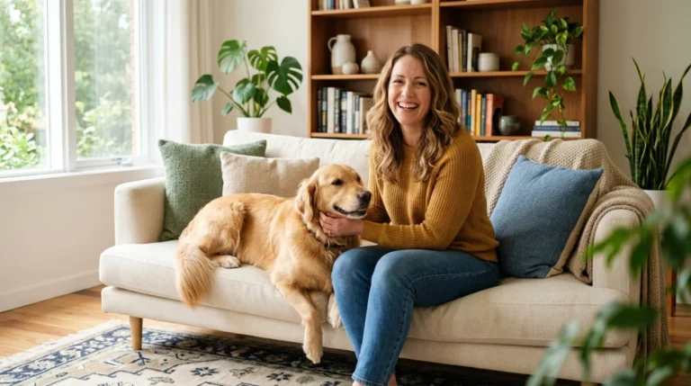 Une personne souriante caresse un Golden Retriever dans un salon lumineux, illustrant le métier de devenir pet sitter.