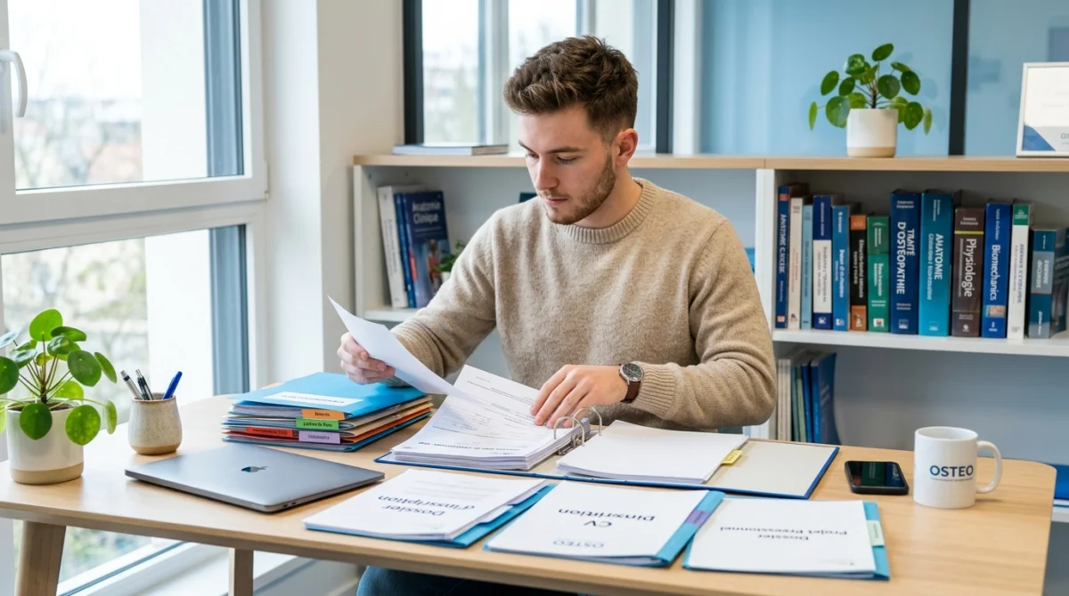 Étudiant en ostéopathie organisant ses dossiers de candidature sur un bureau moderne pour devenir ostéopathe.