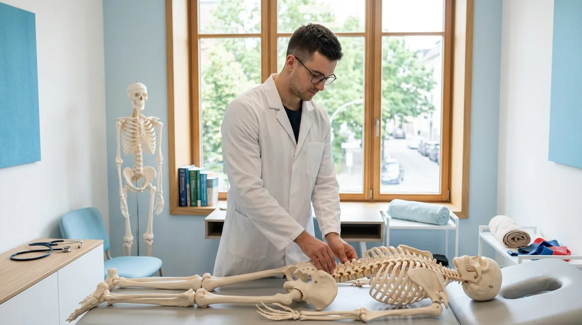 Étudiant en ostéopathie examinant un patient dans un cabinet moderne pour apprendre comment devenir ostéopathe professionnel.