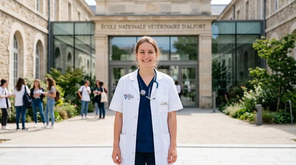 Étudiant vétérinaire souriant en blouse avec stéthoscope devant une école, illustrant comment devenir vétérinaire.