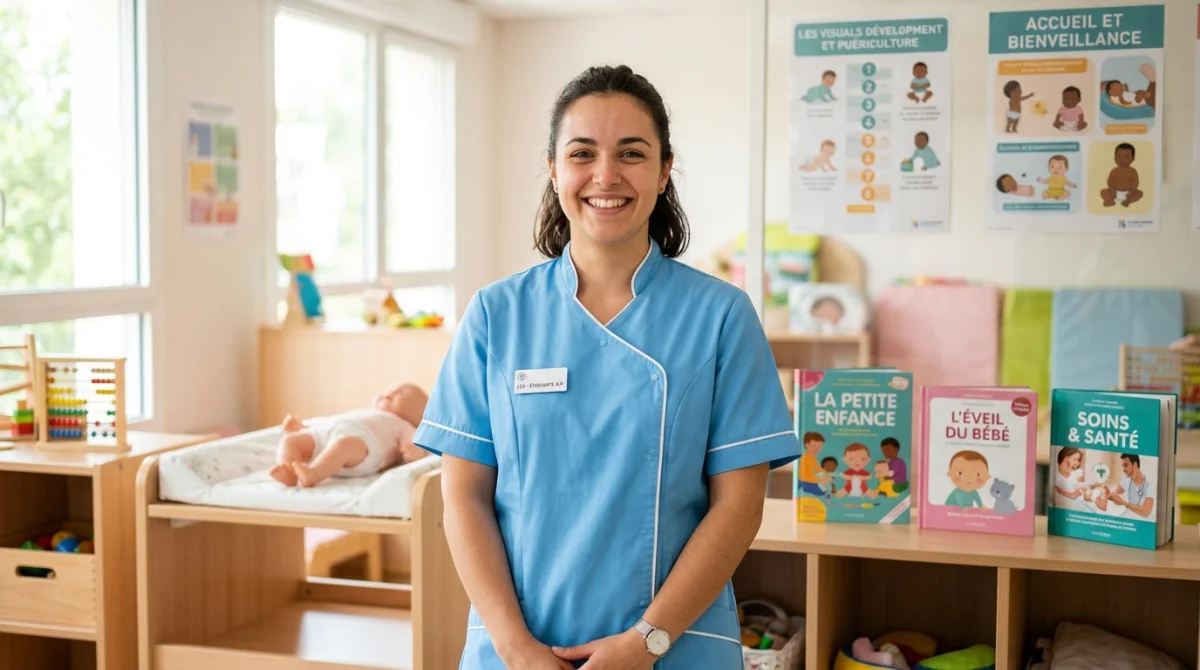 Étudiante souriante en formation pour devenir auxiliaire de puériculture dans une salle de classe lumineuse et moderne.