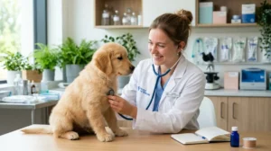 Étudiante vétérinaire en blouse examinant un chiot Golden Retriever avec un stéthoscope dans un cabinet moderne.