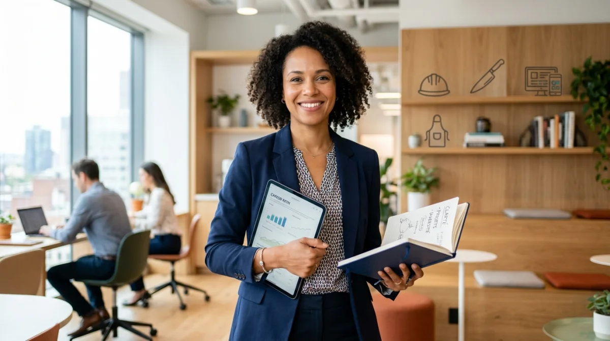 Professionnel épanoui dans un espace de travail moderne, illustrant la diversité des choix pour un métier en C.
