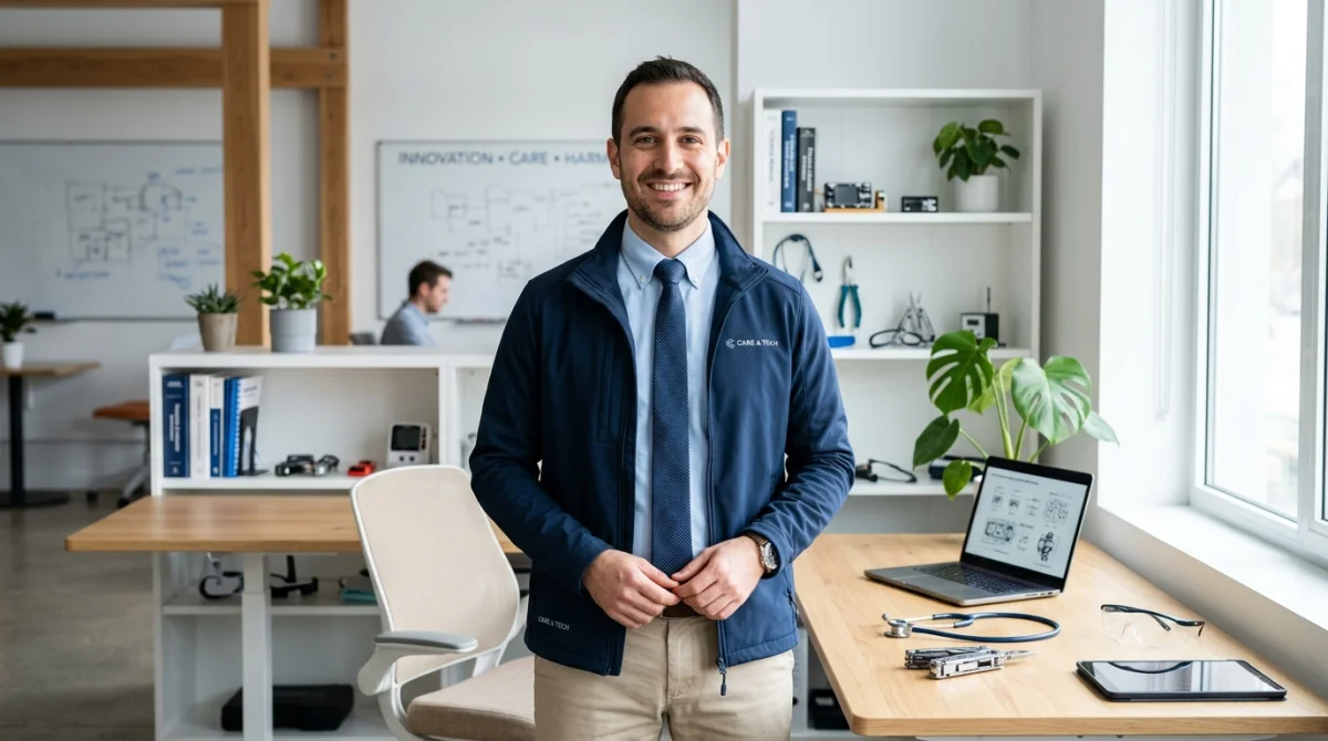 Professionnel souriant dans un espace de travail moderne, illustrant la polyvalence d'un métier en h contemporain.