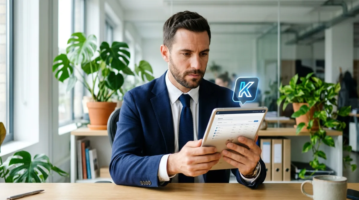 Professionnel moderne consultant une tablette numérique pour découvrir un métier en K dans un bureau lumineux.