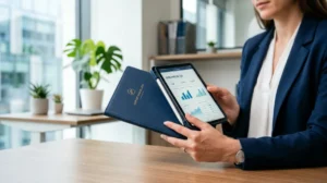 Main professionnelle tenant une tablette et un dossier dans un bureau moderne pour illustrer un métier en Q.
