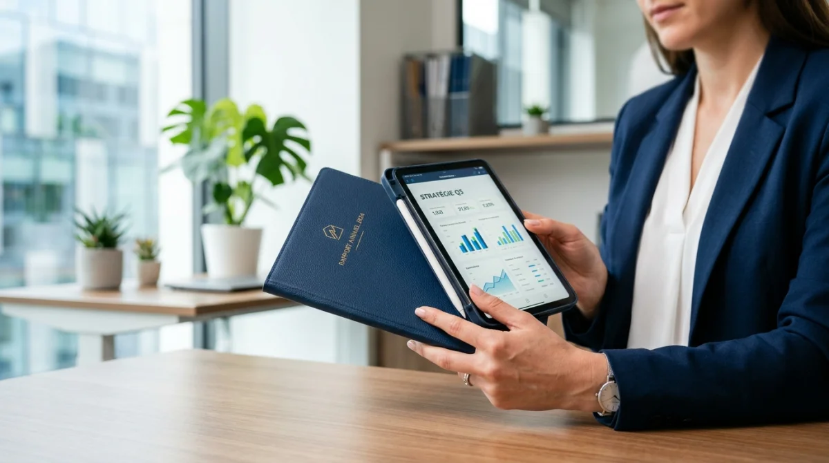 Main professionnelle tenant une tablette et un dossier dans un bureau moderne pour illustrer un métier en Q.