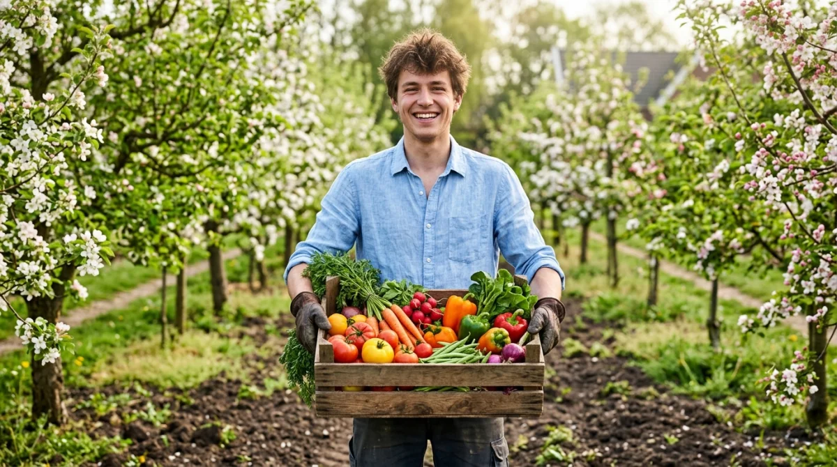 Jeune agriculteur souriant tenant une caisse de légumes frais dans un verger, illustrant un métier en rapport avec la nature.