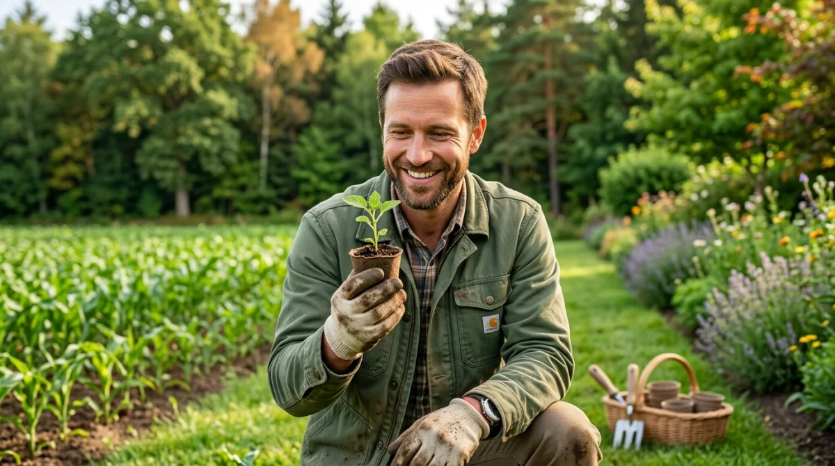 Professionnel souriant examinant une jeune pousse, illustrant un métier en rapport avec la nature dans un champ.