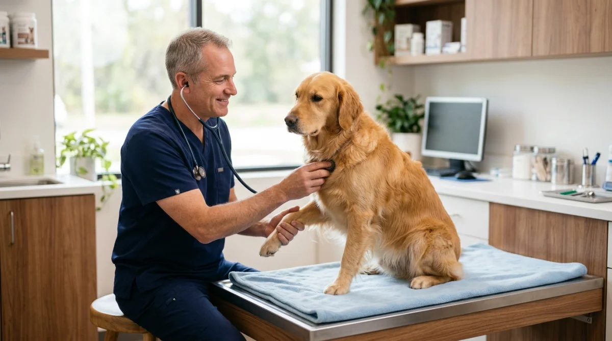 Vétérinaire bienveillant examinant un golden retriever calme dans un cabinet moderne, illustrant un métier en rapport avec les animaux.