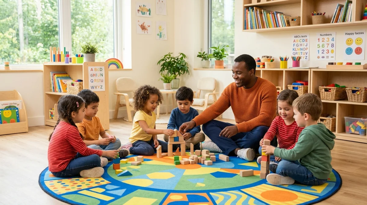 Éducateur de jeunes enfants bienveillant jouant avec un groupe d'enfants dans une salle de classe lumineuse et moderne.