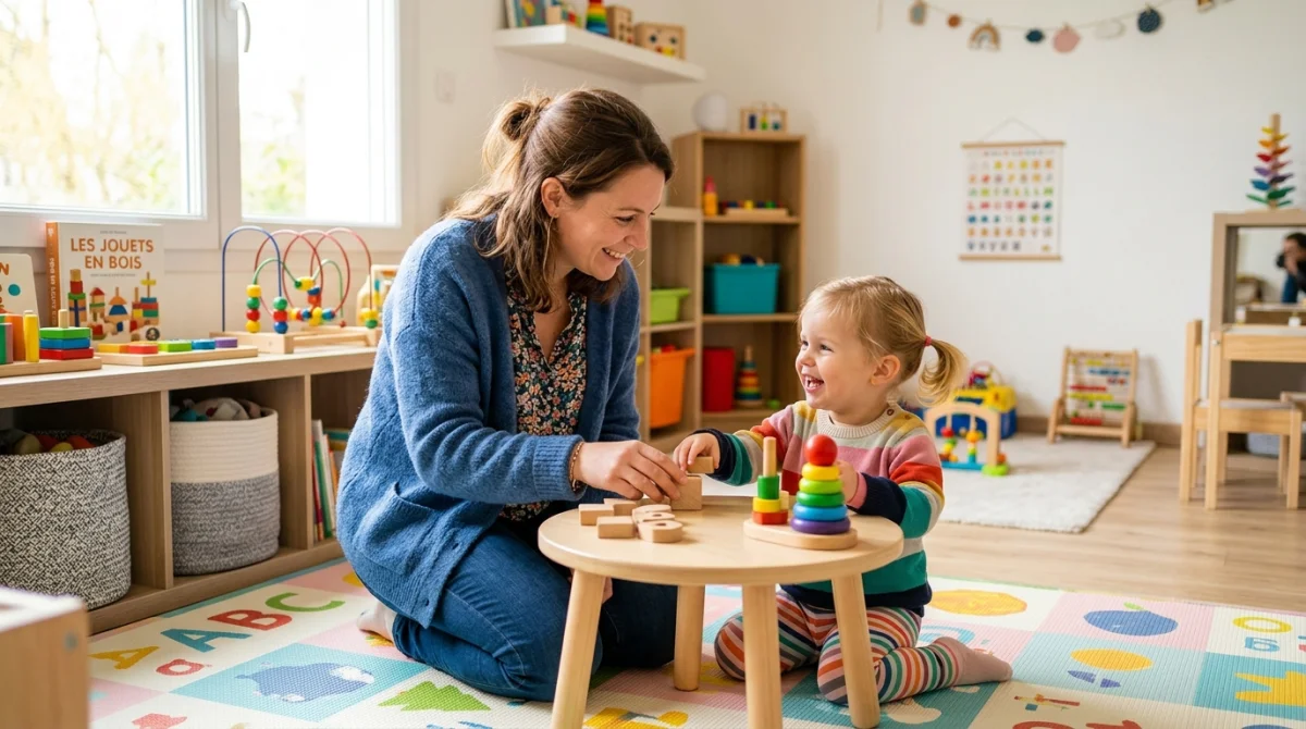 Assistante maternelle bienveillante jouant avec un jeune enfant dans une crèche moderne et lumineuse, illustrant un métier auprès des enfants.