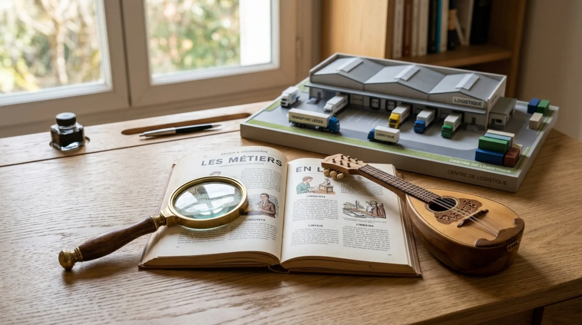 Composition d'objets sur un bureau symbolisant divers métiers en L, incluant loupe, livre, instrument et maquette logistique.