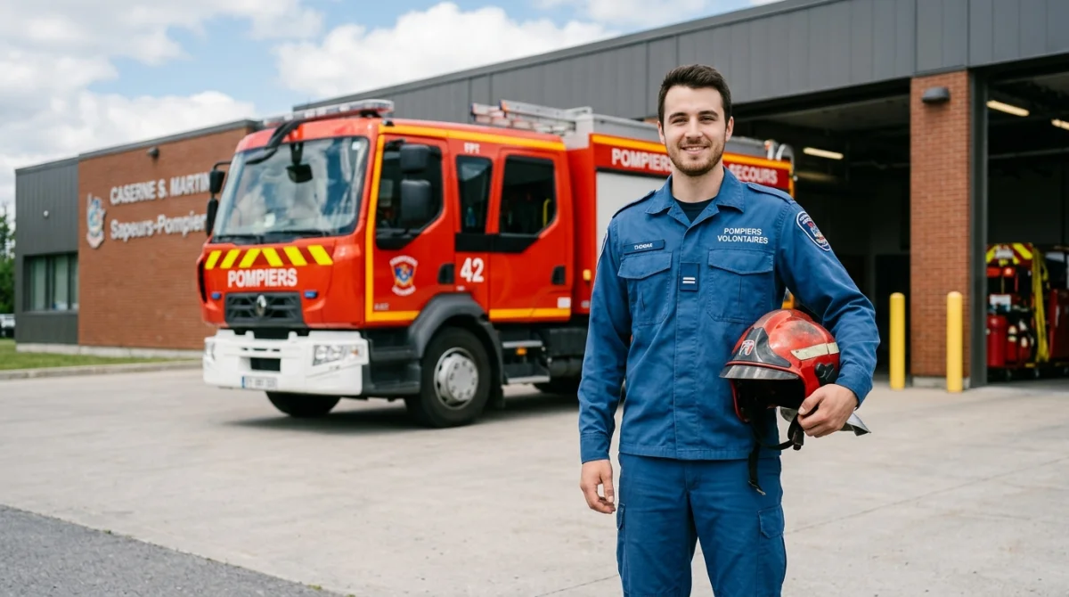 Pompier volontaire souriant en tenue devant un camion de secours pour illustrer comment devenir pompier volontaire.