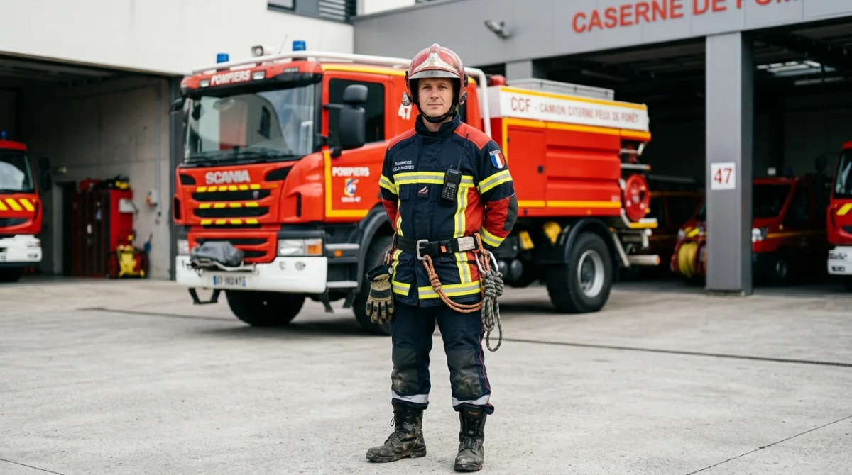 Pompier volontaire en tenue d'intervention complète posant fièrement devant un camion de pompiers dans une caserne.