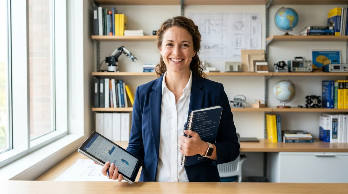 Professionnel souriant dans un bureau moderne, illustrant la diversité des métiers en i avec tablette et carnet.