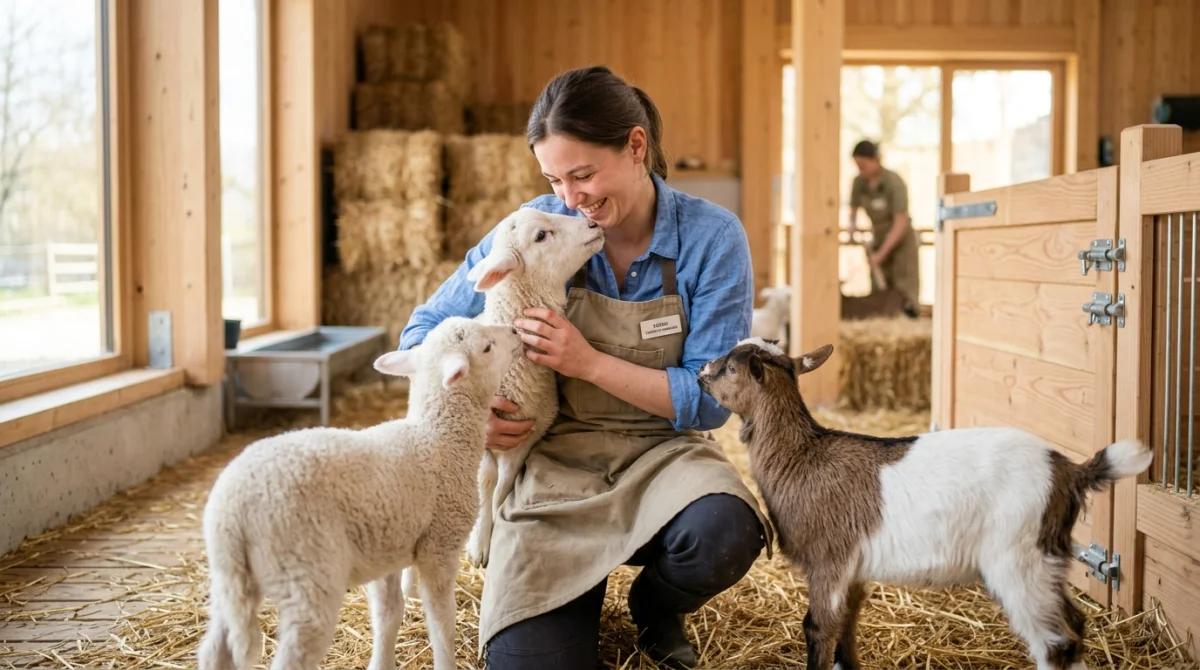 Soigneur animalier souriant interagissant avec bienveillance avec des agneaux dans une étable moderne, illustrant un métier avec les animaux.