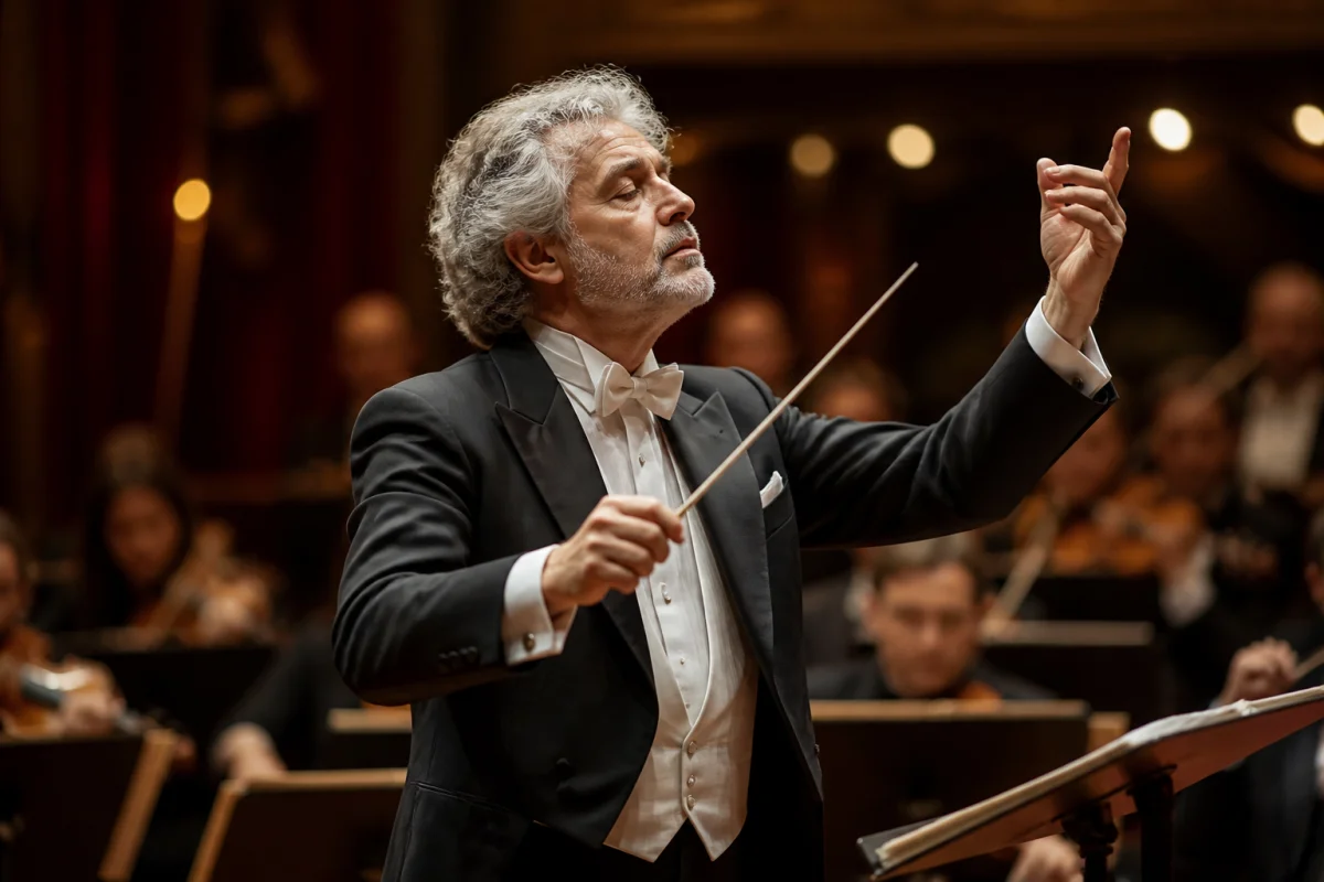 Chef d'orchestre passionné dirigeant des musiciens sur scène pour illustrer comment devenir chef d'orchestre professionnel.