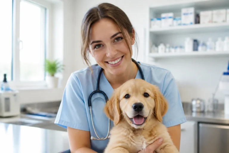 Une agente animalière professionnelle prend soin avec douceur d'un chiot doré dans une clinique vétérinaire moderne.