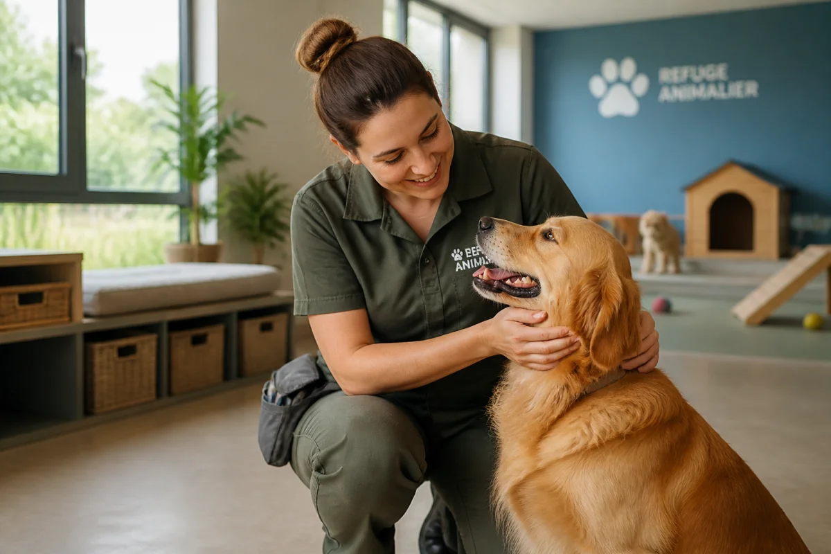Agent animalier professionnel interagissant avec bienveillance avec un chien dans un refuge moderne et lumineux.