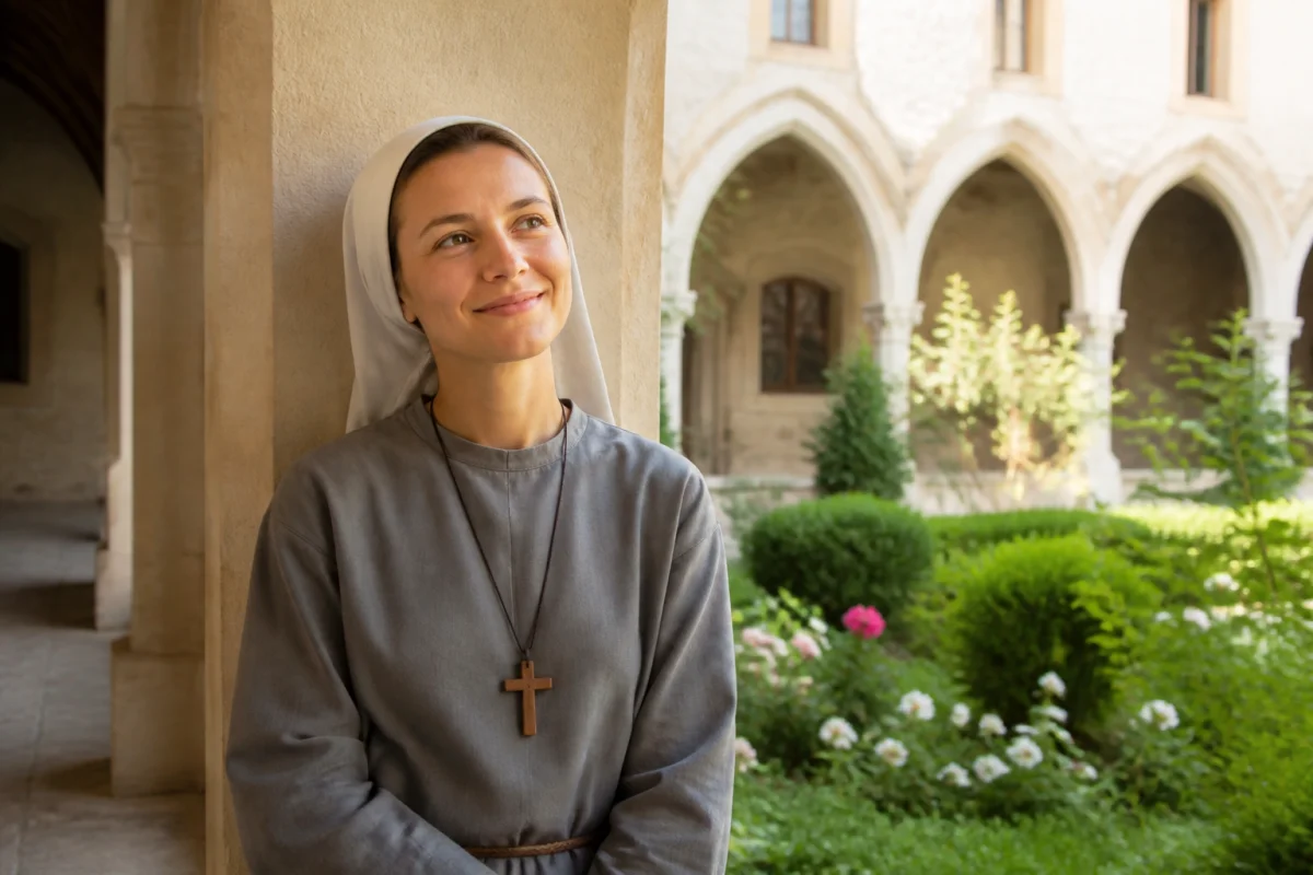 Jeune femme souriante en habit religieux dans un cloître lumineux, illustrant comment devenir bonne sœur avec sérénité.
