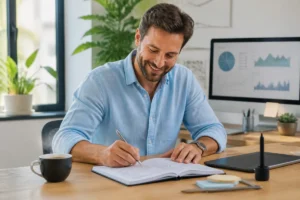 Un business analyst professionnel travaillant dans un espace de coworking lumineux pour apprendre comment devenir business analyst.