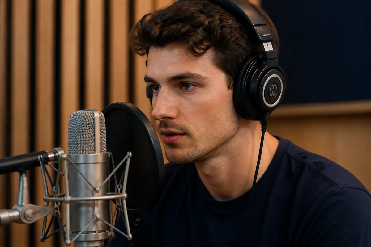 Jeune commentateur sportif concentré portant un casque devant un microphone professionnel dans un studio d'enregistrement moderne.