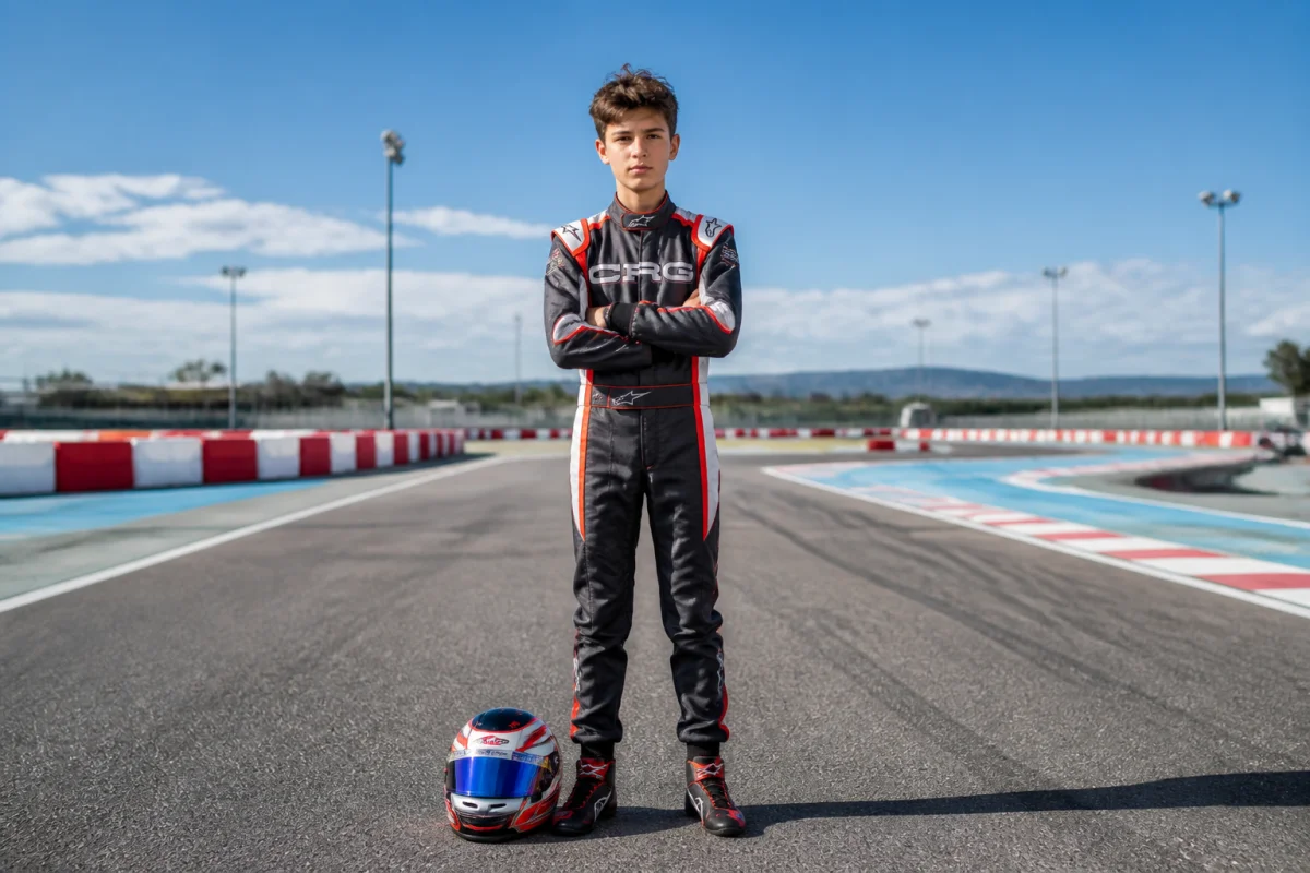 Jeune pilote en combinaison de course sur une piste de karting, illustrant comment devenir pilote de F4.
