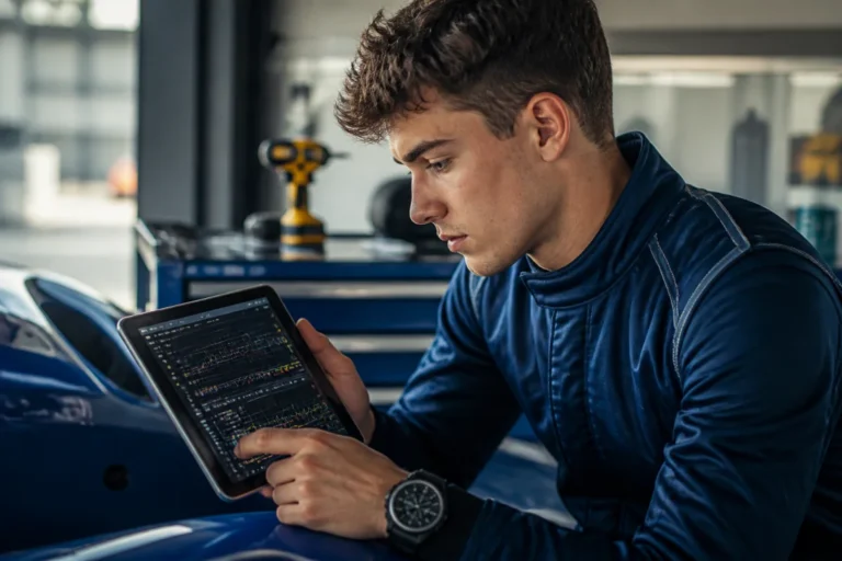 Jeune pilote de course analysant des données de télémétrie sur tablette pour apprendre comment devenir pilote de F4.