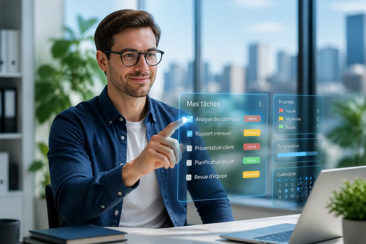 Professionnel confiant travaillant sur une interface numérique moderne pour illustrer comment devenir product owner dans un bureau lumineux.