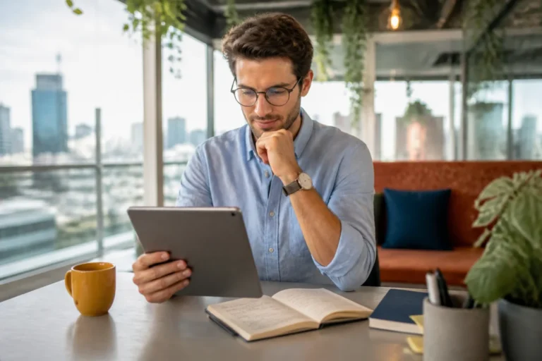 Professionnel concentré examinant un CV sur tablette dans un espace de travail moderne pour devenir Product Owner.