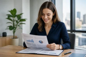 Conseillère bancaire souriante examinant des documents professionnels dans un bureau moderne pour illustrer comment devenir conseiller bancaire.