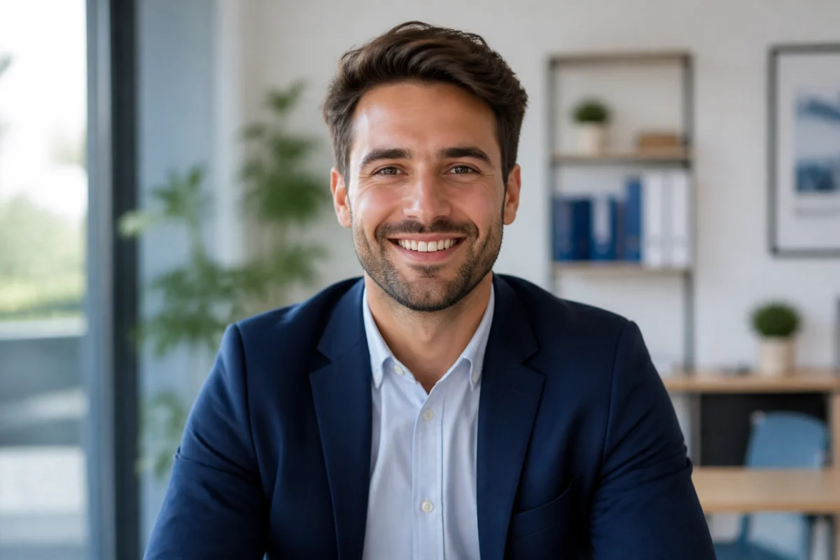 Jeune conseiller bancaire professionnel souriant et accueillant dans un bureau moderne pour illustrer comment devenir conseiller bancaire.