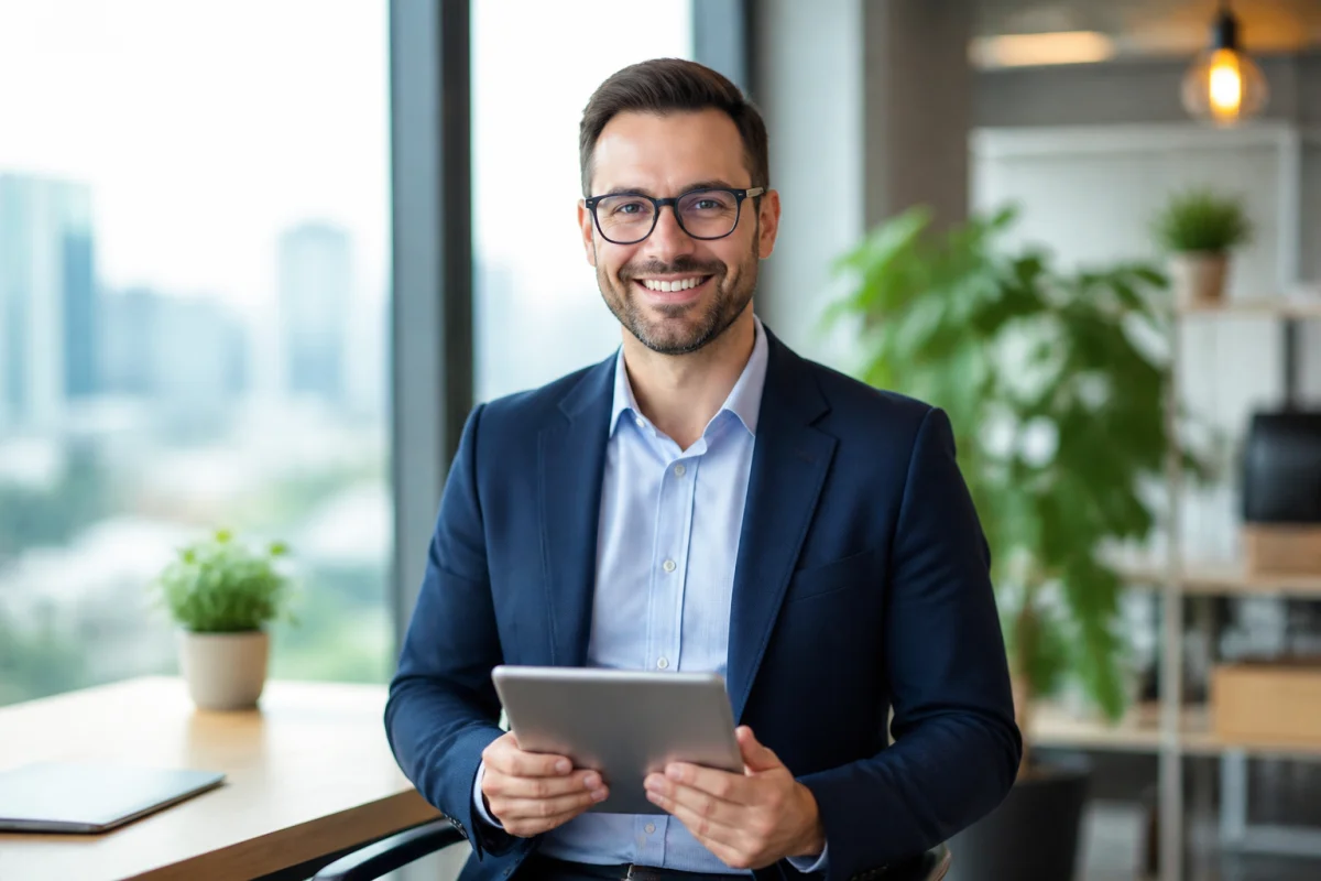 Conseiller en gestion de patrimoine souriant tenant une tablette dans un bureau moderne et lumineux.