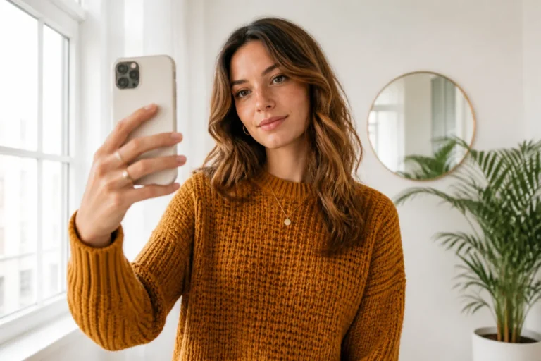 Jeune femme en pull ocre prenant un autoportrait avec son smartphone pour illustrer comment devenir modèle photo.