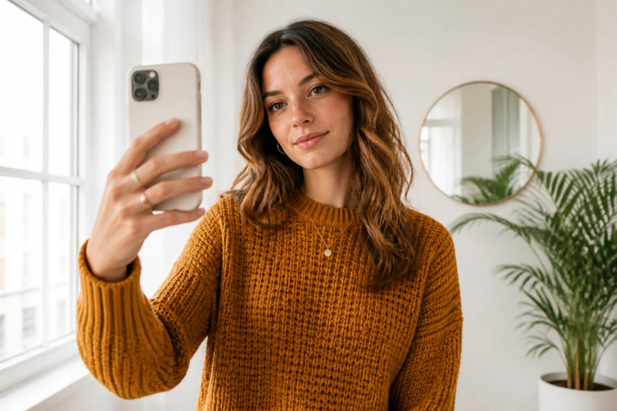 Jeune femme en pull ocre prenant un autoportrait avec son smartphone pour illustrer comment devenir modèle photo.