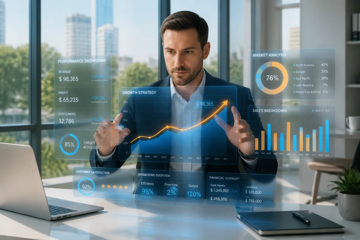 Business analyst travaillant sur des graphiques holographiques complexes pour illustrer comment devenir business analyst dans un bureau moderne.