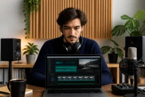 Jeune professionnel concentré dans son studio, idéal pour apprendre comment devenir commentateur sportif avec du matériel audio.