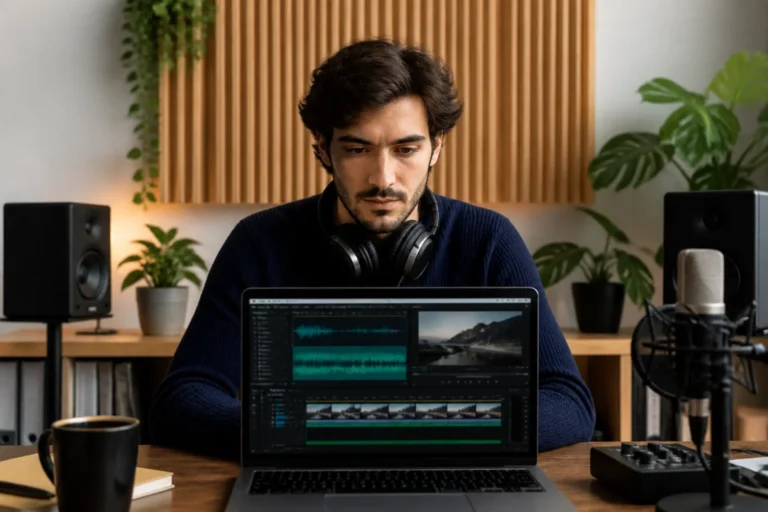 Jeune professionnel concentré dans son studio, idéal pour apprendre comment devenir commentateur sportif avec du matériel audio.