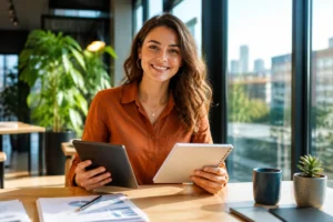 Jeune conseiller en gestion de patrimoine souriant travaillant sur une tablette dans un espace de coworking moderne et lumineux.