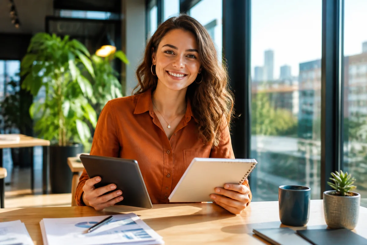 Jeune conseiller en gestion de patrimoine souriant travaillant sur une tablette dans un espace de coworking moderne et lumineux.